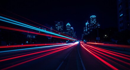 Neon trails speed through city streets