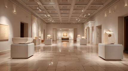 Explore empty museum exhibit wing with ivory ceilings, polished marble floors and customizable exhibition spaces