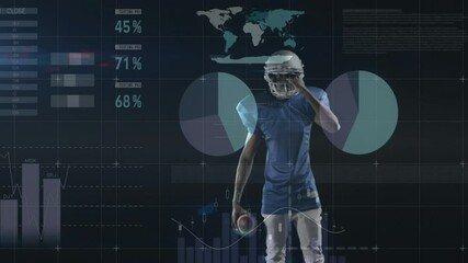 Football player posing with football, showcasing sports data with world map, bar, line, pie charts - Powered by Adobe