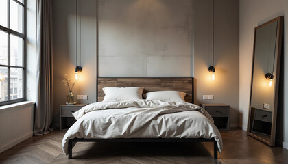 Modern Bedroom Interior with Wooden Bed Frame, Pendant Lighting, Floor Mirror, and Large Window in Neutral Tones