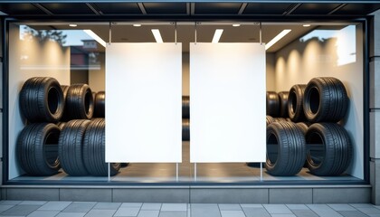 Tire shop display with stacked tires and blank signage outdoors  