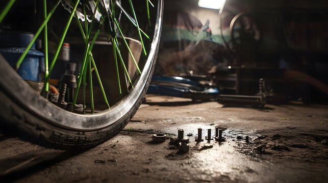 A worn-out bicycle wheel unbolted and expertly replaced reviving classic precision cycling equipment performance standards