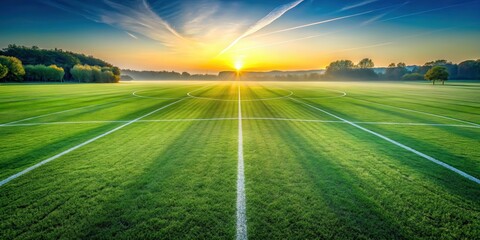 Serene Sunrise Illuminates a Lush Green Field with Crisp White Markings, a Peaceful and Inspiring Dawn Scene