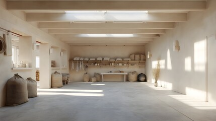 Fototapeta premium Design Home Pottery Garages with Cream-White Walls, Durable Worktables and Tool Storage for Ceramics Enthusiasts
