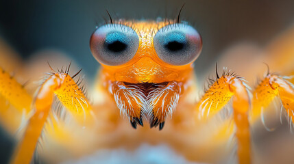 Extreme Closeup of Orange Spider with Striking Blue Eyes Tiny Creature Macro Photography