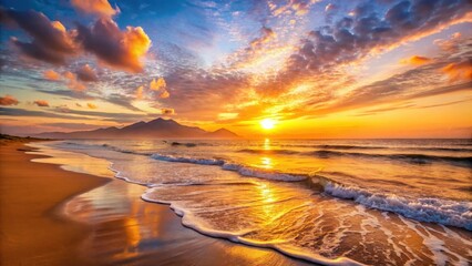Golden Hour Serenity Ocean Waves Gently Kissing a Sandy Shore at Sunset, with Distant Mountains Silhouetted Against a Vibrant Sky