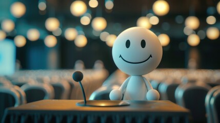 Stick Figure Running a Conference: A stick figure speaking at a conference, sharing knowledge, and introducing new products or services to the audience to drive business development.
