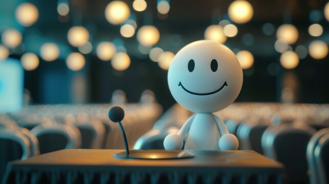 Stick Figure Running a Conference: A stick figure speaking at a conference, sharing knowledge, and introducing new products or services to the audience to drive business development.
