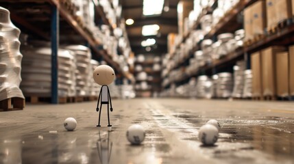 Stick Figure in a Warehouse: A stick figure overseeing stock management in a warehouse, ensuring inventory is organized and logistics operations run efficiently.
