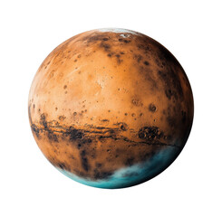 Detailed view of mars showing surface craters and polar ice caps, cut out - stock png.