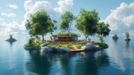 Obraz premium Island House with Trees in Water, Chair and Table in the yard perfect for Barbeque Party