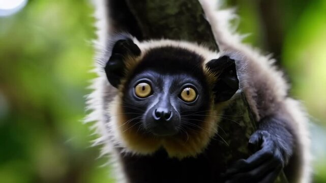 Black lemur with golden fur hanging on a tree branch
