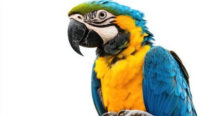 Vibrant macaw portrait showcasing detailed plumage on a clean white background