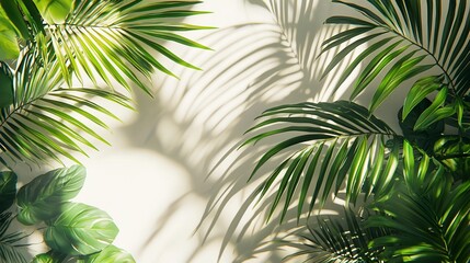 Obraz premium Lush tropical palm leaves cast shadows on a light beige background