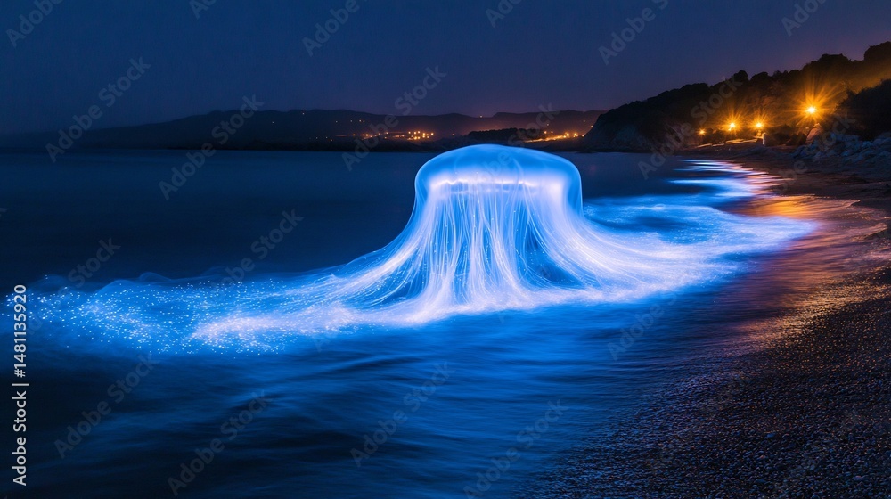 Poster glowing bioluminescent jellyfish drifting the ocean casting soft glowing light across the dark sea c