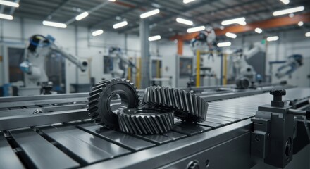 Fototapeta premium Gears on conveyor belt representing industrial automation and manufacturing process in factory