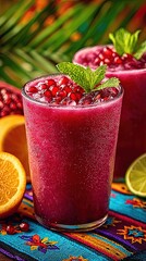 Fresh Pomegranate Smoothie Refreshing Cold Beverage with Mint Garnish and Citrus Fruits on Colorful Ethnic Fabric Tropical Healthy Drink for Summer Hydration Recipe