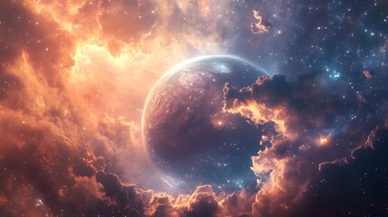 Obraz premium Colorful celestial body amidst a nebula of cosmic clouds.