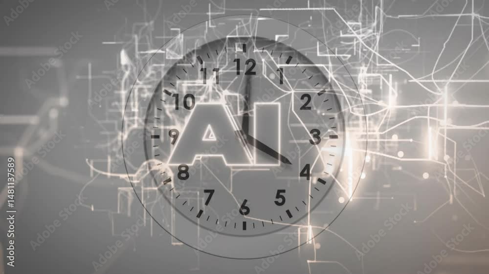 Poster analog clock face glowing with ai circuitry patterns overlaying network nodes in grayscale design