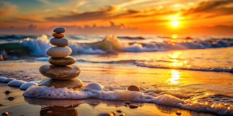 Serene Stacked Stones at Golden Hour on a Sandy Shore, Bathed in Warm Sunset Light
