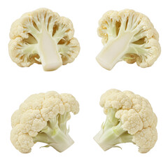 Four cauliflower florets isolated on transparent background