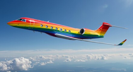 Rainbow Colored Private Jet Flying in the Clear Blue Sky