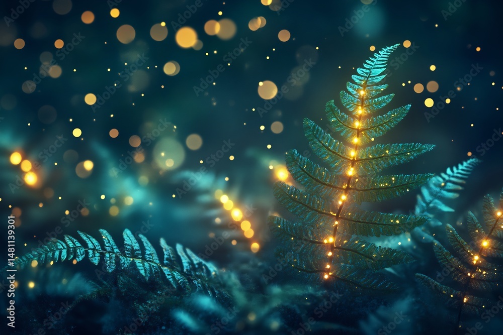 Poster Glowing fern leaves embedded bioluminescence pulsing faint green light stylized fantasy forest macro scene