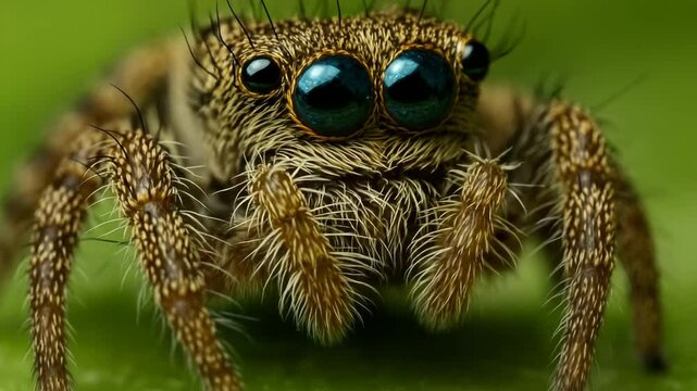 Close-Up Image of a Spider with Striking Features on Green Background