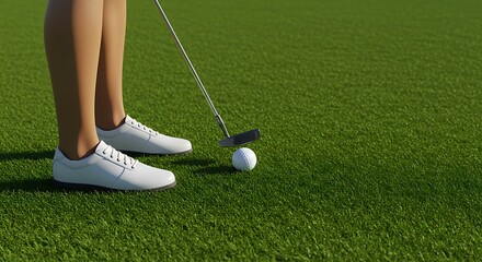 Golf putter about to strike ball on green lawn sporting activity