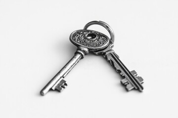 Two antique-style keys, side by side, on a plain white background