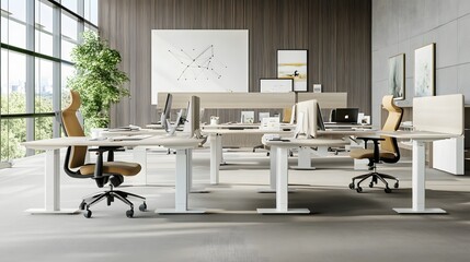 Modern office space with adjustable height desks and comfortable chairs.