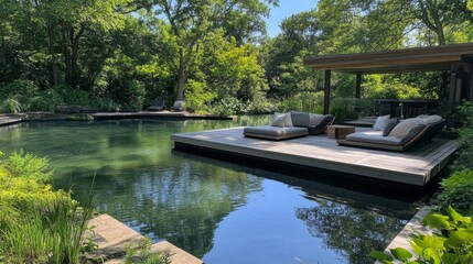 Serene Poolside Relaxation: Luxury Dock with Lounge Chairs