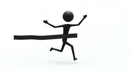 Obraz premium Black Stickman Athlete Crossing Finish Line Depicting Triumph on Clean White Backdrop