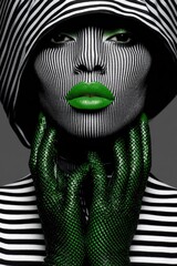 Stylish woman's portrait with striking striped design.