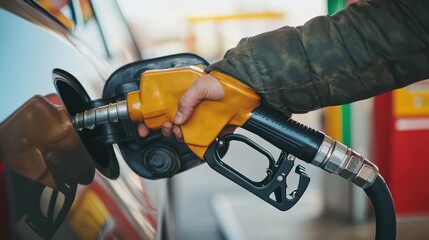 Close-up of filling a vehicle tank with fuel at a petrol station outdoor