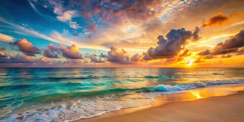 Serene Coastal Sunset Golden Hues Paint the Ocean and Sky with Dramatic Clouds, Waves Gently Kissing the Sandy Shore