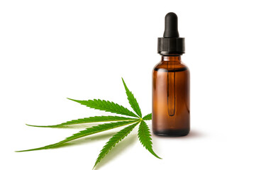 Cannabis extract oil in glass jar with marijuana leaves isolated on white background.