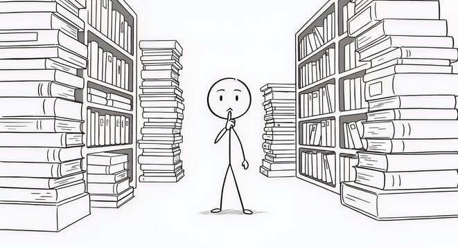 Diligent Stickman Librarian Shushing Surrounded by Towering Books in Black and White Isolated on White Canvas