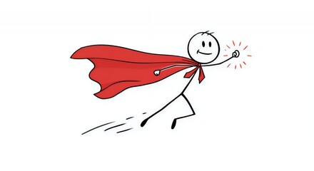 Dynamic Stickman Superhero Midflight with Red Cape Displaying Powers Against Clean White Background Perfect for Motivational Design