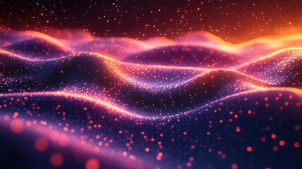 Obraz premium Abstract digital landscape with glowing particles. Dynamic, flowing, vibrant, shimmering, energy, data, waves, abstract art, glowing