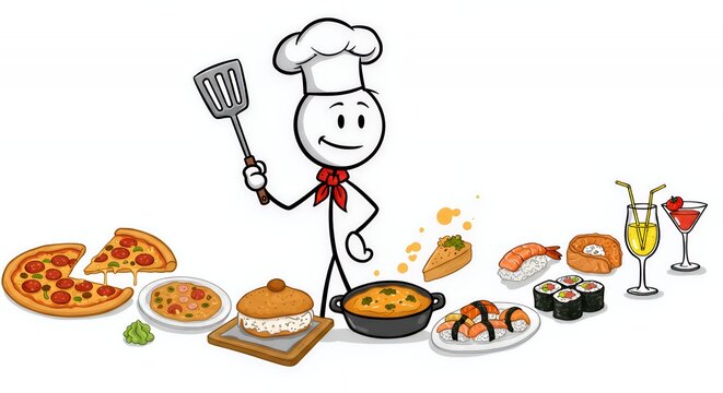 Happy Stickman Chef Holding Spatula Surrounded by Delicious Food Illustration Isolated on White Background Perfect for Food Related Decor