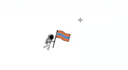 Intrepid Stickman Astronaut Floating with Flag in Space Against Stark White Background Symbolizing Achievement and National Pride