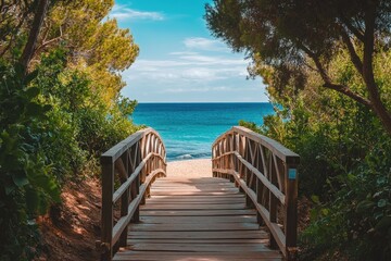 Obraz premium Wooden walkway leading to a tranquil beach. Lush greenery flanks the path to the turquoise sea