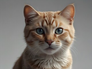 Close up of a ginger tabby cat with blue eyes, looking forward with a serene expression against a neutral background, showcasing its distinctive coat pattern.
