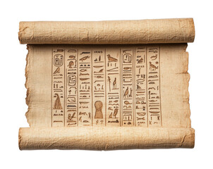 Ancient egyptian papyrus scroll with hieroglyphics, cut out - stock png.