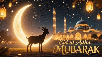 Eid ul Adha Mubarak celebration with a serene and festive night scene featuring a silhouette of a goat standing gracefully in the foreground. Eid al Adha, Eid al Adha Mubarak, Eid Mubarak