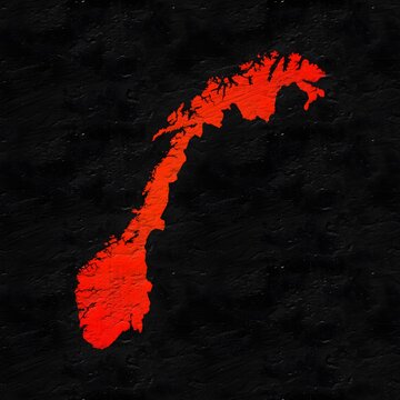 Norway red map on isolated black textured background. High quality coloured map of Norway.