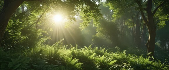 Sunlight filters through dense foliage, creating a radiant, green glow,  radiant,  beam