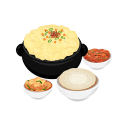 Vector Illustration logo Clipart Delicious Gyeranjjim Korean poached egg with rice and Banchan