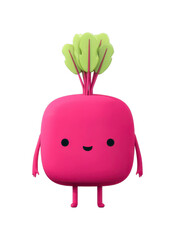 Cartoon smiling beetroot with green leaves and cute face, cut out - stock png.